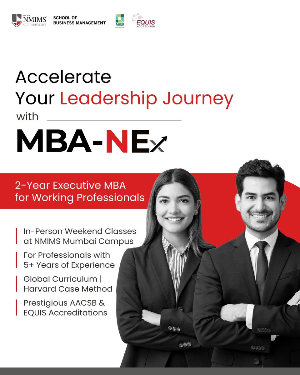 🚀 Accelerate your leadership journey with MBA-NEx at School of Business Management, NMIMS Mumbai – a 2-year On-campus Weekend Executive MBA for working professionals with 5+ years of experience. Limited seats. 

Apply now: sbm.nmims.edu/mba-executive-… #ExecutiveMBA #NMIMSMumbai