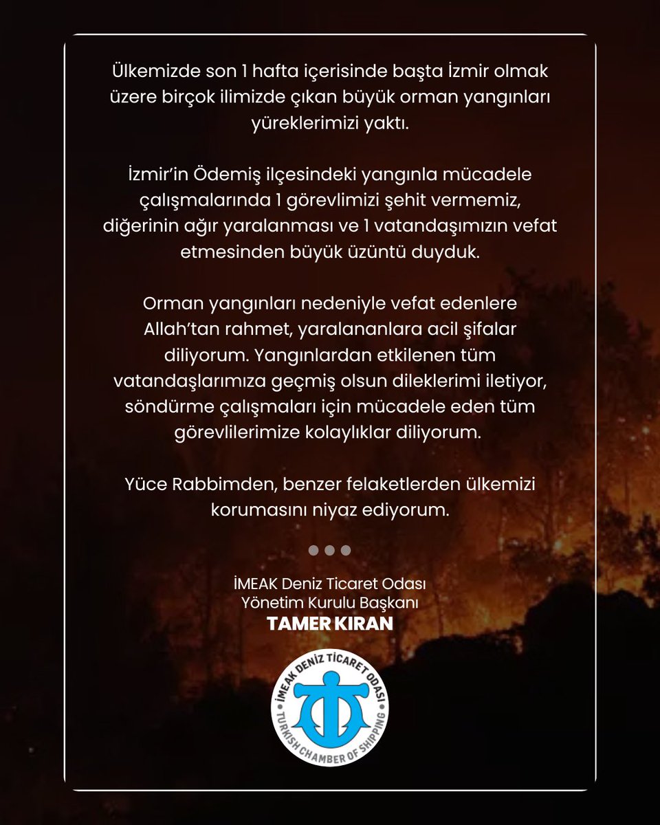Ülkemizde son 1 hafta içerisinde başta İzmir olmak üzere birçok ilimizde çıkan büyük orman yangınları yüreklerimizi yaktı.

İzmir’in Ödemiş ilçesindeki yangınla mücadele çalışmalarında 1 görevlimizi şehit vermemiz, diğerinin ağır yaralanması ve 1 vatandaşımızın vefat etmesinden