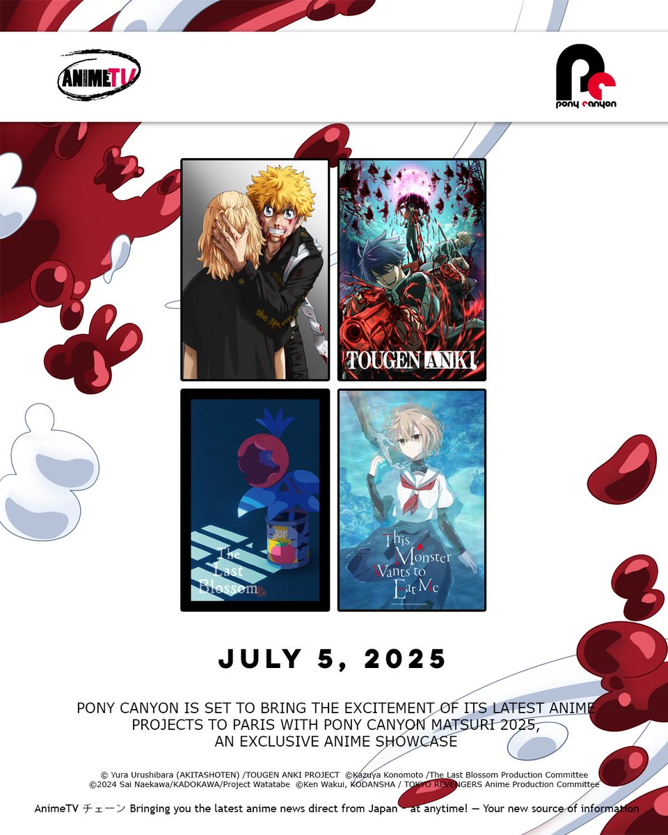 ponycan_anime's tweet photo. 🎉PONY CANYON MATSURI 2025 kicks off TOMORROW at #JapanExpo2025!🇫🇷✨
We’ll be showcasing 8 brand-new anime trailers on stage, including must-watch titles like TOUGEN ANKI and Tokyo Revengers!🔥
                                 
📍July 5 | KURI STAGE                                                
#PONYCANYON #TOUGENANKI #TokyoRevengers #watatabe #housenka                                                
@japanexpo  @animetv_jp
