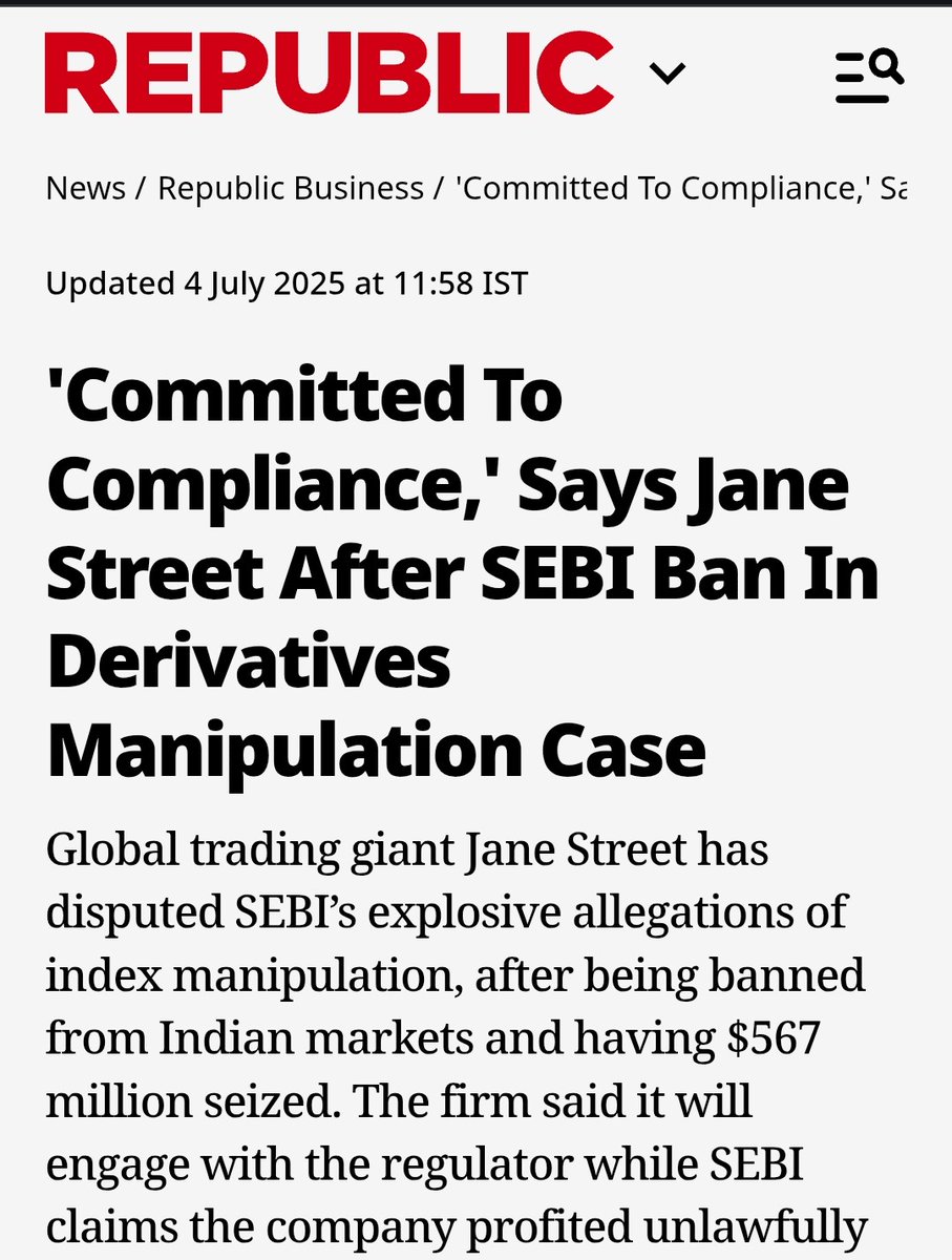 CEOBhaumik's tweet image. SEBI bars Jane Street from accessing markets after it made Rs 36,500 crore profit by gaming Dalal Street.
@republic