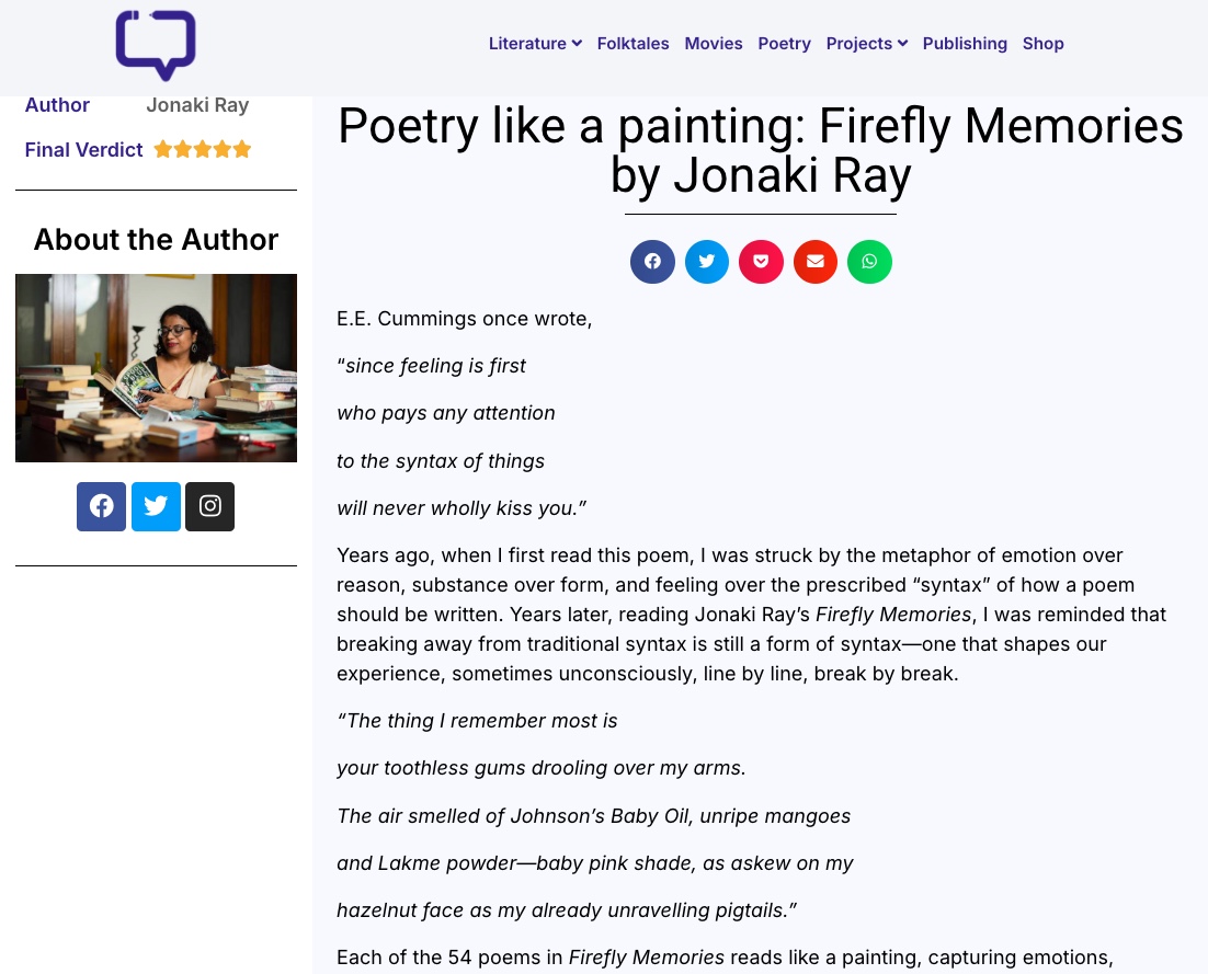 It's the two- year book anniversary of my poetry collection, Firefly Memories. And with perfect timing, the book got a wonderfully detailed review by Priyadarshini at Purple Pencil Project <a href="/purplepenciled/">Purple Pencil Project</a>!
purplepencilproject.com/poetry-like-a-…