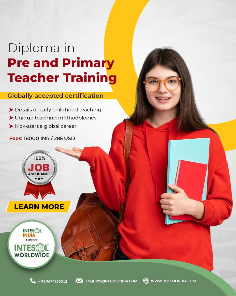 Shape young minds and launch a global career with our Diploma in Pre and Primary Teacher Training! 

Get a globally accepted certification, learn unique teaching methods, and enjoy 100% Job Assurance.
.
📞 +91 9674933512
🌐 intesolindia.com
.
.
#teachertraining