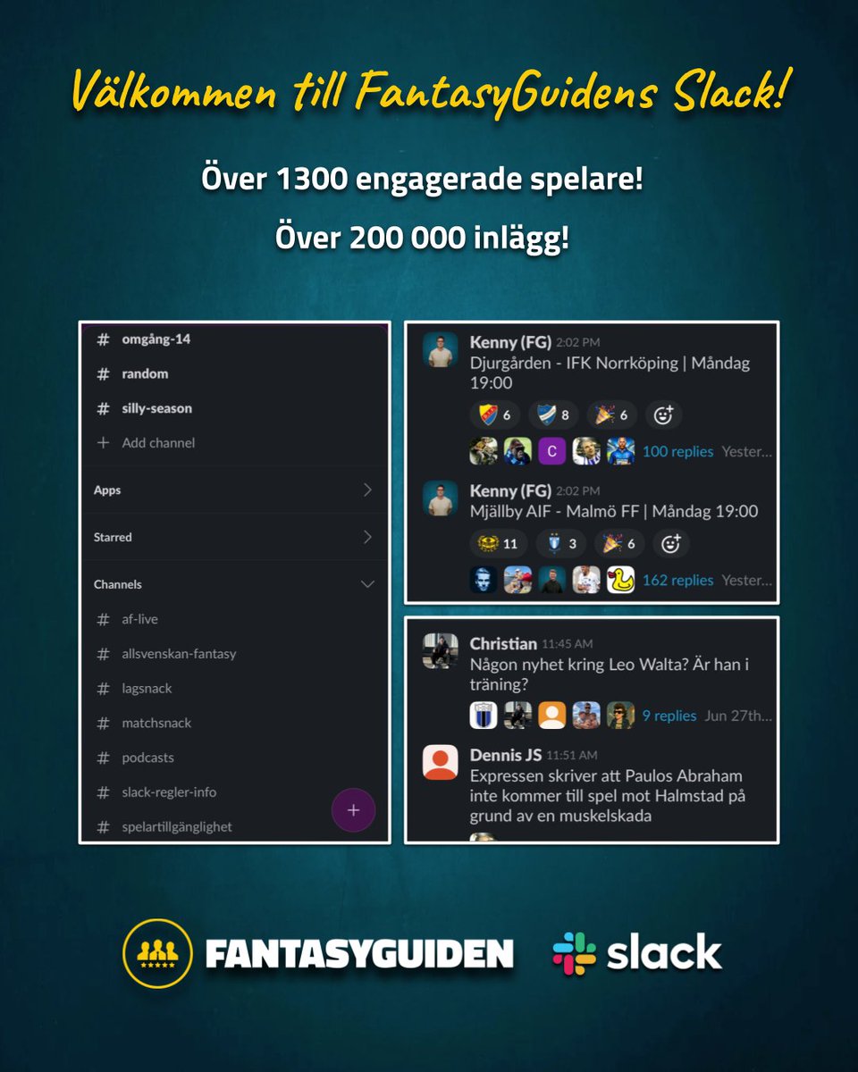 Välkommen till FantasyGuidens Slack!

Kan du inte få nog av Allsvenskan Fantasy?
Hos oss snackas skador, lag, matcher – och såklart firas vinster (eller ventileras besvikelser)! ⚽️🔥

1300+ managers är redan med - häng på du också!
👉 Skicka ett DM med din e-post för inbjudan.
