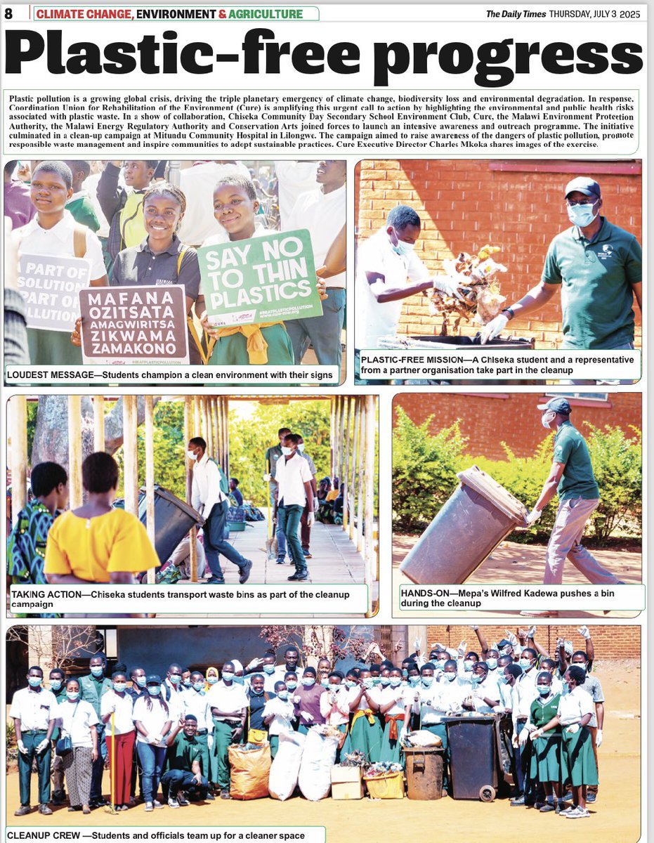 At Mitundu Community Hospital in Lilongwe, MEPA collaborated with Chiseka CDSS, CURE, MERA, and Conservation Arts Club to organise a lively cleanup effort and environmental education campaign. 
 #PlasticFreeMalawi #SayNoToThinPlastics #MEPA #CleanUpCampaign
