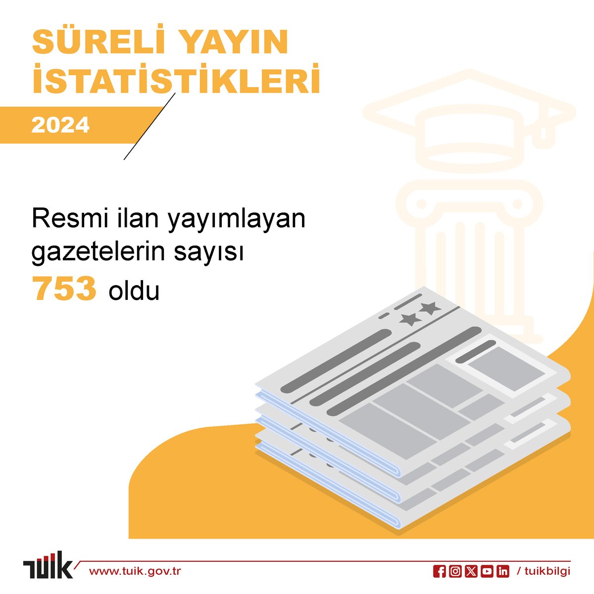 Süreli Yayın İstatistikleri, 2024 

Resmi ilan yayımlayan gazetelerin sayısı 753 oldu

Detaylar için web sitemizi ziyaret edebilirsiniz.🔎 
↪️ data.tuik.gov.tr/Bulten/Index?p…