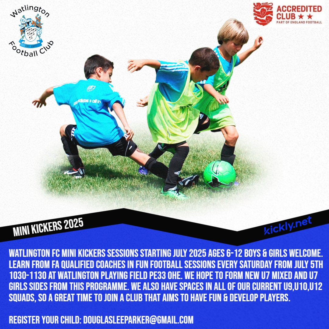 🚨🚨 MINI KICKERS STARTS TOMORROW 🚨🚨
Our mini Kickers starts tomorrow, the sun will be out, every child will learn some ball skills and best of all its FREE OF CHARGE what more do you want. ⚽️💙🖤💙🖤 <a href="/GregTheLynnNews/">Greg Plummer</a> <a href="/YLPSport/">YLPSport</a> <a href="/KingsLynnLive/">King's Lynn Live</a> <a href="/MidNorfolk/">Mid Norfolk Youth</a> #Getintofootball