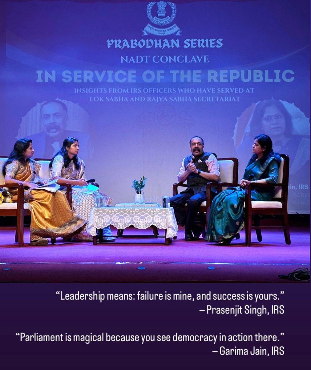 "NADT Conclave: In Service of the Republic" under PRBODHAN series featured an engaging session with Shri. Prasenjit Singh, IRS and Smt. Garima Jain, IRS. They shared insights from Lok Sabha and Rajya Sabha Secretariats followed by interactive Q&amp;A with the Officer Trainees.