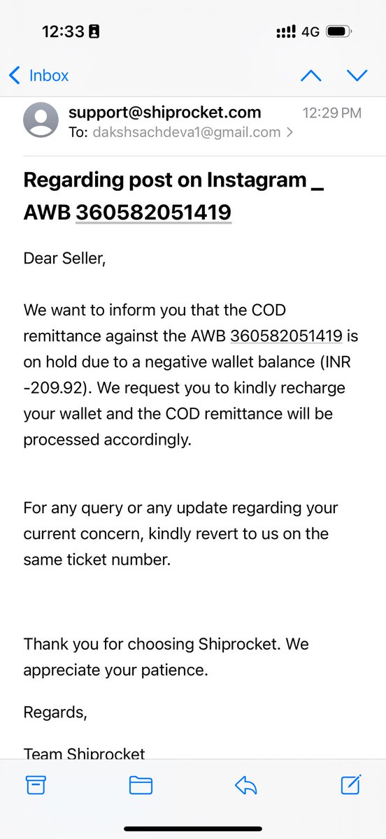 Daksh2601's tweet photo. @ShiprocketCare random email about a random AWB number. No association with this order or an Instagram post 🤣

How much discordinated is your customer care team.
Poor support. Brand has no sense of responsibility https://t.co/o0MldTWhd7