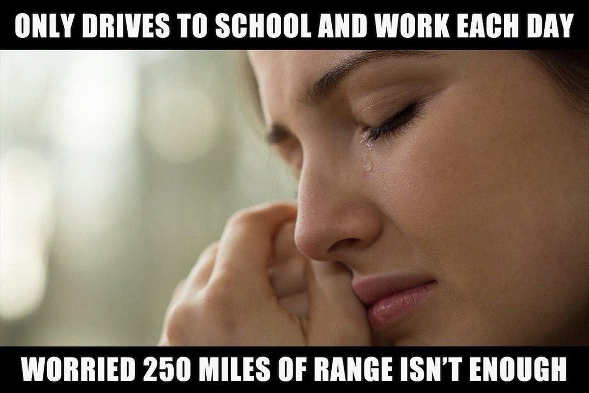 Jan-Bart Spang (@janbartspang) on Twitter photo Non #ElectricVehicle owners when they talk about the range not being good enough for their needs. Non #ElectricVehicle owners when they talk about the range not being good enough for their needs.