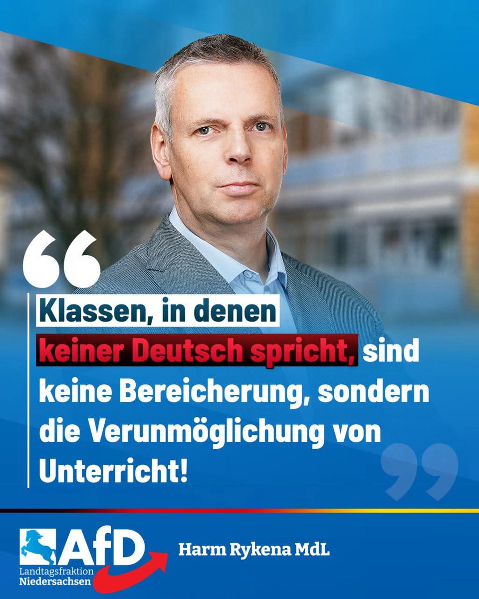 AfDFraktionNDS's tweet image. ++ Multikulti zerstört Bildung und Aufstieg unserer Kinder! ++
„Die Zustände an zahllosen deutschen Schulen mit großem Migrantenanteil sind seit langem untragbar“, betont @HRykena, bildungspolitischer Sprecher der #AfD-Fraktion #Niedersachsen. „Unsere Kinder werden von der…