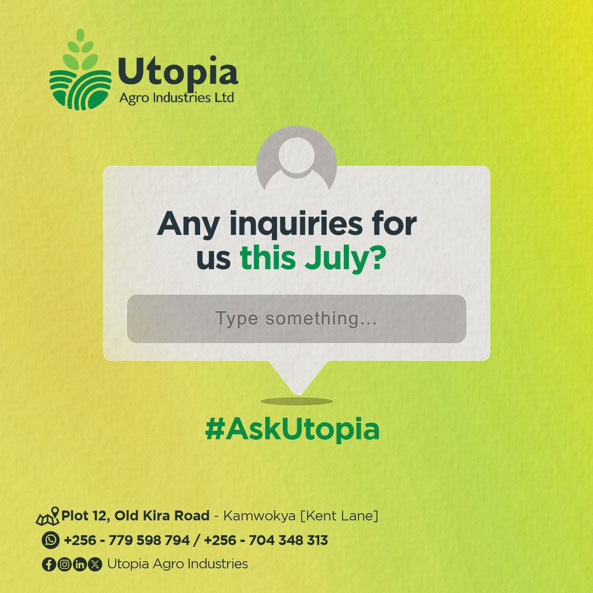 UtopiaAgro's tweet image. #AskUtopia
Do you have a question or do you request for some information from us?
Don’t hesitate to contact us 😊