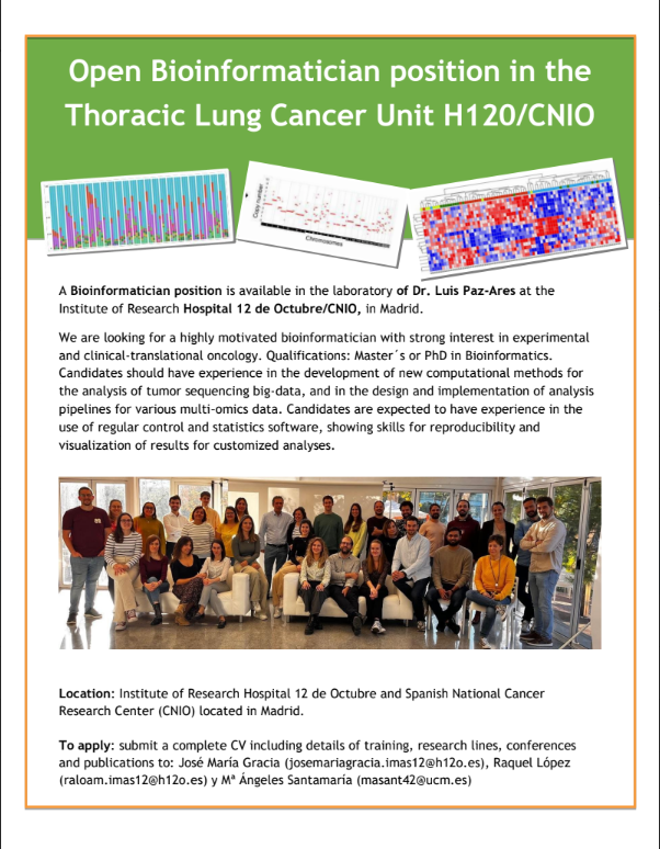 CmIlung's tweet image. 🎯 Job opportunity! We´re looking for a motivated Bioinformatician interested in clinical-translational oncology to join our team at Dr. Paz-Ares' Lab.
Apply now ⬇️