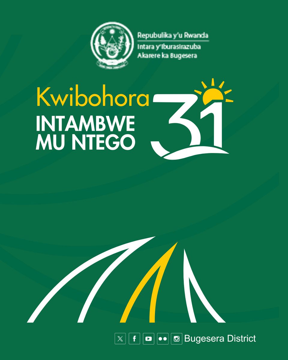 Ubuyobozi bw'Akarere ka Bugesera burifuriza abaturage n'Abanyarwanda muri rusange umunsi mwiza wo #Kwibohora31.
Muri iyi myaka 31 turishimira ibikorwa by'iterambere twagezeho tubikesha imiyoborere myiza n'Ubuyobozi bwiza mu nkingi y'Imibereho myiza, Ubukungu n'Imiyoborere myiza.