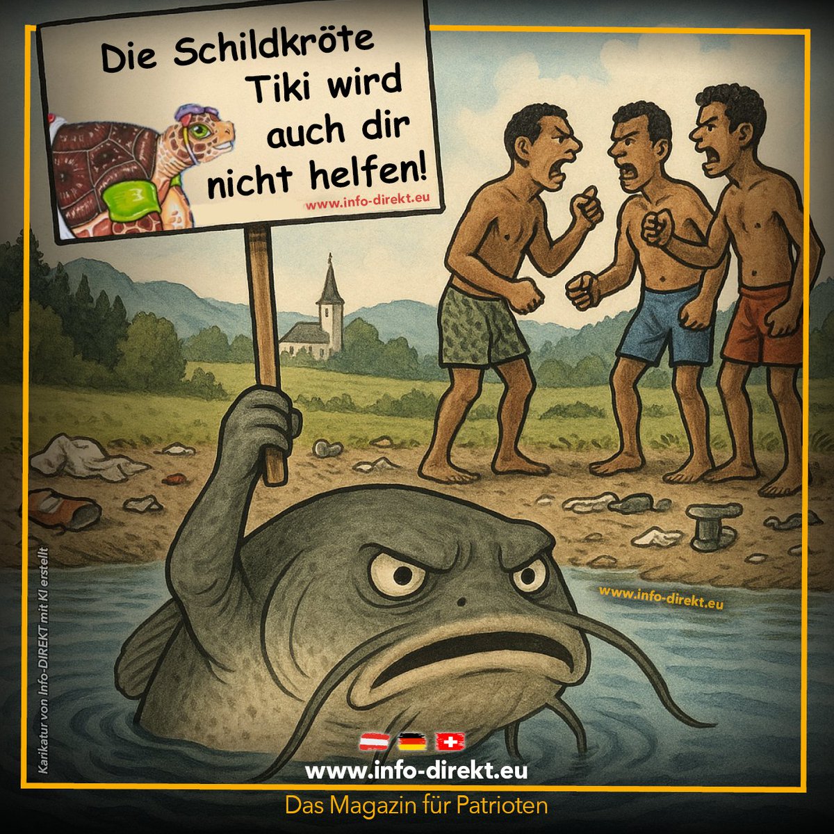 🐢 Wer sich in deutschen Freibädern nicht wohl fühlt, soll einfach #Tiki rufen, um Hilfe zu bekommen!

❗️Die Wahrheit ist jedoch: Tiki, die #woke Schildkröte, hat noch niemanden geholfen.

Was hingegen wirklich hilft:
🛑 Sichere Grenzen
🥾 #Pushbacks
✈️ #Remigration

Wenn du dich