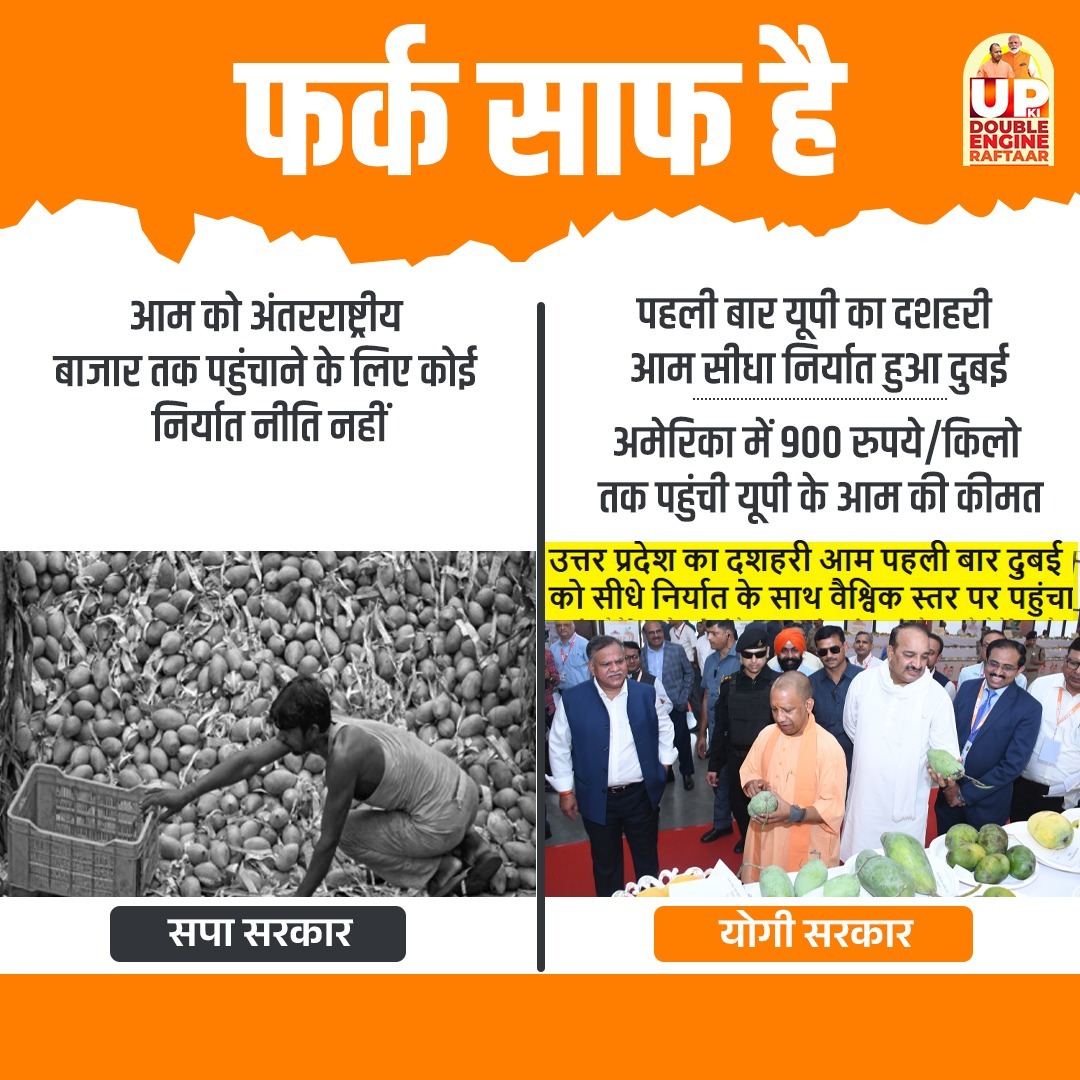 जहां सपा सरकार के समय आम किसानों के पास बाजार तक पहुंच का कोई रास्ता नहीं था, वहीं योगी सरकार ने उत्तर प्रदेश के आम को अंतरराष्ट्रीय पहचान दिलाई है। पहली बार प्रदेश का दशहरी आम सीधे दुबई को निर्यात हुआ और अमेरिका में इसकी कीमत 900 रुपये प्रति किलो तक पहुंच गई। यह बदलाव न सिर्फ