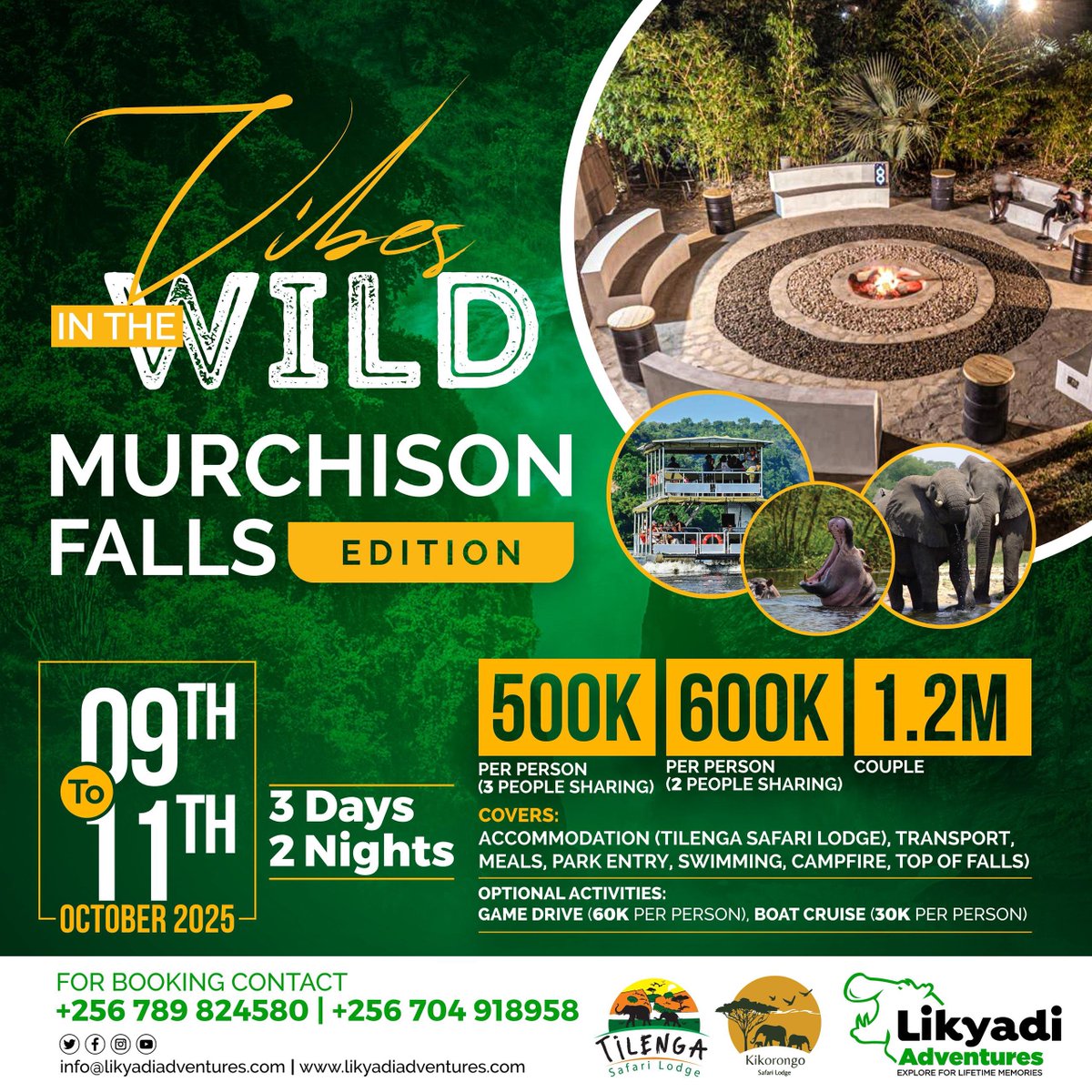 LikyadiAdventu2's tweet photo. VIBES IN THE WILD (MURCHISON FALLS NATIONAL PARK EDITION) 

Date- 9th to 11th October 

FEE- 500,000/- per person for 3 people sharing in a room 
600,000/- per person for 2 people sharing in a room 
1,200,000/- for couples 

Activities 
✅ Accommodation( Tilenga Safari Lodge)
✅Transport 
✅Meals 
✅Top of the falls visit 
✅Park entry fees 
✅Camp Fire

Optional Activities 
✅Game Drive (60,000/- per person)
✅Boat Cruise(30,000/- per person)

For bookings and inquires, Contact; 
+256789824580/ +256704918958