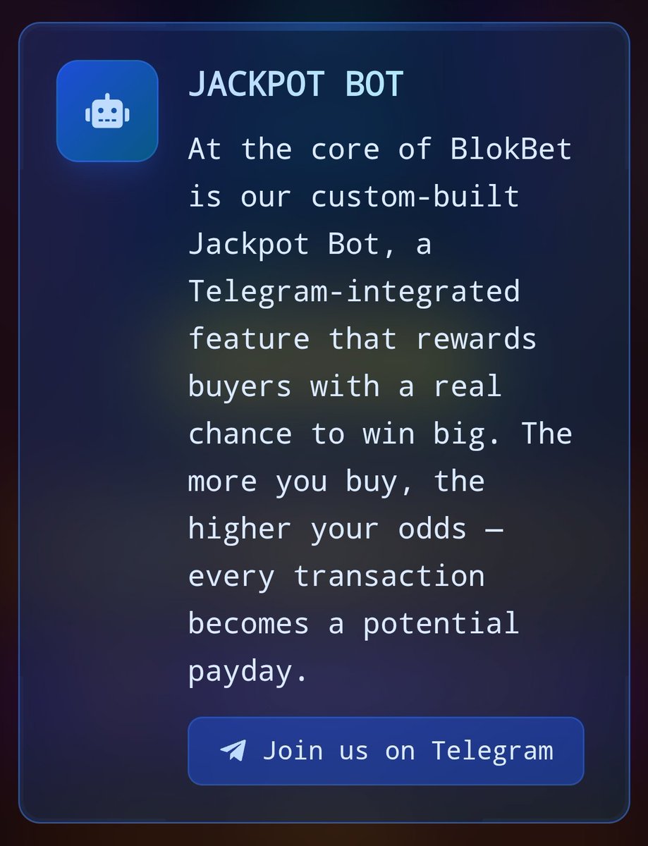 Join us on telegram t.me/BlokBetPortal
and read more about BlokBet features on blokbet.fun

Jackpot bot is live with current jackpot of  $276 💰

$BB