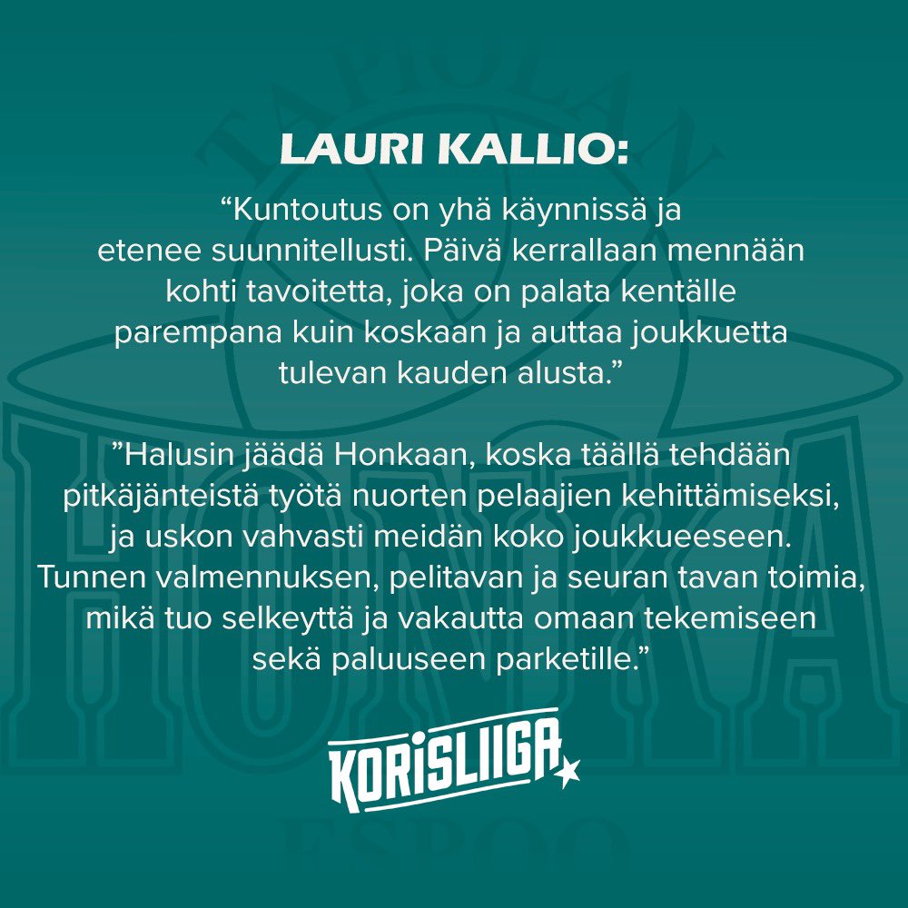 Takakenttä vahvistuu! Lauri Kallion paluu korisliigaparketille tapahtuu suunnitellussa aikataulussa ja Hongassa! 🏀🔥💚

Tästä lukemaan koko sopimusuutinen: tapiolanhonka.fi/lauri-kallio-p…

#Korisliiga