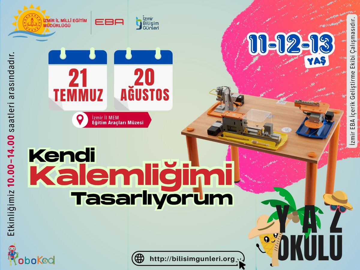 İzmir EBA (@izmireba) on Twitter photo Bu yaz herkes kendi tarzını konuşturuyor. 🎨✏️
"Kendi Kalemliğimi Tasarlıyorum" maker atölyemize katılan çocuklar, hayal güçlerini kullanarak tamamen kendilerine özel, eşsiz kalemliklerini tasarlayacaklar.
Bilgi: bilisimgunleri.org
<a href="/izmir_ilmem/">İzmir İl Milli Eğitim Müdürlüğü</a> <a href="/yahsiomer/">Dr. Ömer YAHŞİ</a> <a href="/drsuleymanelban/">Dr. Süleyman Elban</a> Bu yaz herkes kendi tarzını konuşturuyor. 🎨✏️
"Kendi Kalemliğimi Tasarlıyorum" maker atölyemize katılan çocuklar, hayal güçlerini kullanarak tamamen kendilerine özel, eşsiz kalemliklerini tasarlayacaklar.
Bilgi: bilisimgunleri.org
<a href="/izmir_ilmem/">İzmir İl Milli Eğitim Müdürlüğü</a> <a href="/yahsiomer/">Dr. Ömer YAHŞİ</a> <a href="/drsuleymanelban/">Dr. Süleyman Elban</a>