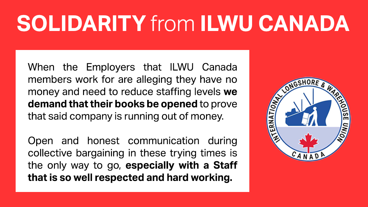 .<a href="/ILWUCanada/">ILWUCanada</a> solidarity letter with ITF staff. 

We are immensely grateful for their support and making the point that when we as unions encounter employers who say they need to cut jobs due to financial challenges, our response is always that they need to open their books.