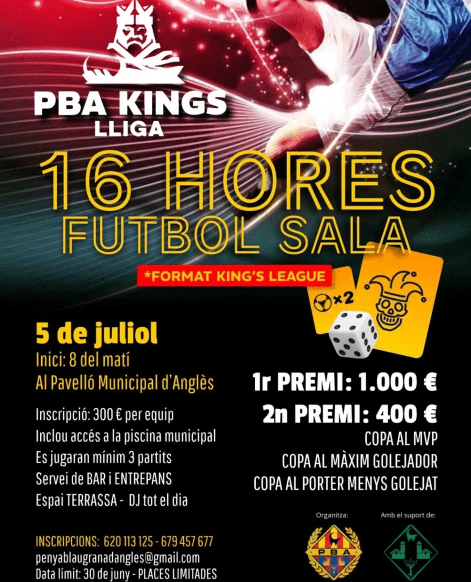 ⚽️ Demà, a partir de les 8:00h, la Penya Blaugrana d'Anglès organitza la seva 3a Kings Lliga amb 16 hores de futbol sala i autèntica emoció!
💥 S'espera un campionat ple d'emoció i de sorpreses!

🔵🔴 #FemBarçaFemPenya #ForçaBarça