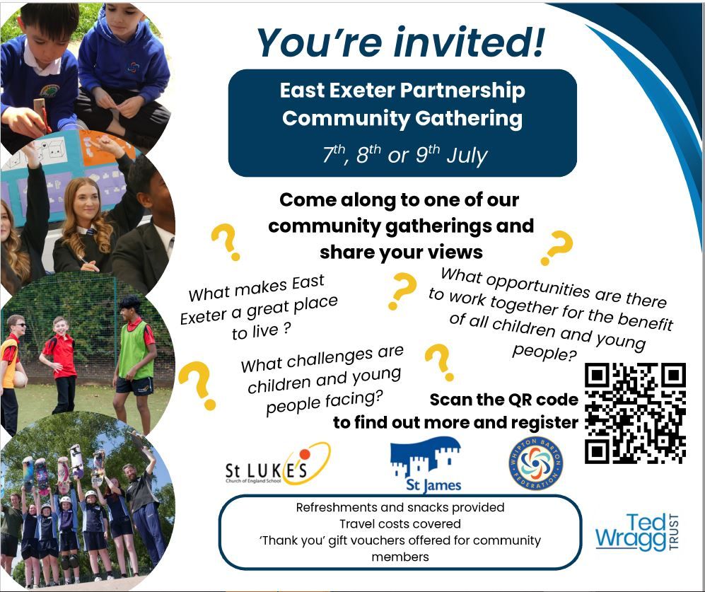Ted Wragg Trust (@tedwraggtrust) on Twitter photo East Exeter Community Partnership working together for children & young people 🌟
🗓️ Join a community event near you:
🔹 7 July, Beacon Centre, 1–3pm
🔹 8 July, St Boniface Church, 1–3pm
🔹 9 July, Whipton Hall, 4–5:30pm
Share your voice. Shape the future. #EastExeter East Exeter Community Partnership working together for children & young people 🌟
🗓️ Join a community event near you:
🔹 7 July, Beacon Centre, 1–3pm
🔹 8 July, St Boniface Church, 1–3pm
🔹 9 July, Whipton Hall, 4–5:30pm
Share your voice. Shape the future. #EastExeter