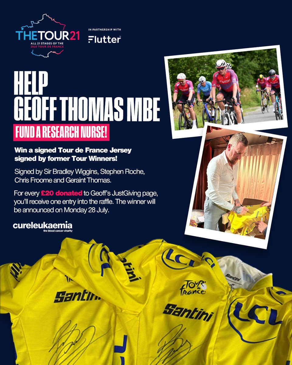 The Tour 21 (@thetour21) on Twitter photo Today marks 20 years since Tour 21 legend and <a href="/CureLeukaemia/">Cure Leukaemia</a> Patron GeoffThomasGTF was Diagnosed with blood cancer.
Along with supporting groundbreaking clinical research, we're giving you the chance to win a Yellow Jersey signed by 4 <a href="/LeTour/">Tour de Franceā¢</a> winners!
š thetour21.co.uk/2025/07/04/geo⦠Today marks 20 years since Tour 21 legend and <a href="/CureLeukaemia/">Cure Leukaemia</a> Patron GeoffThomasGTF was Diagnosed with blood cancer.
Along with supporting groundbreaking clinical research, we're giving you the chance to win a Yellow Jersey signed by 4 <a href="/LeTour/">Tour de Franceā¢</a> winners!
š thetour21.co.uk/2025/07/04/geoā¦