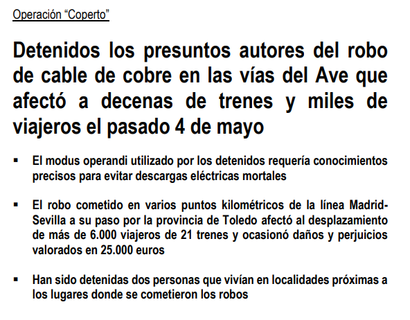 Manuel Marlasca (@manumarlasca) on Twitter photo El "sabotaje", según <a href="/oscar_puente_/">Oscar Puente</a>, han resultado ser dos ladrones de cobre que robaron material por valor de 25.000€ , algo que se sabía desde el inicio de la investigación, pero políticamente salía mucho más rentable difundir la mentira. A seguir luchando contra los bulos. El "sabotaje", según <a href="/oscar_puente_/">Oscar Puente</a>, han resultado ser dos ladrones de cobre que robaron material por valor de 25.000€ , algo que se sabía desde el inicio de la investigación, pero políticamente salía mucho más rentable difundir la mentira. A seguir luchando contra los bulos.