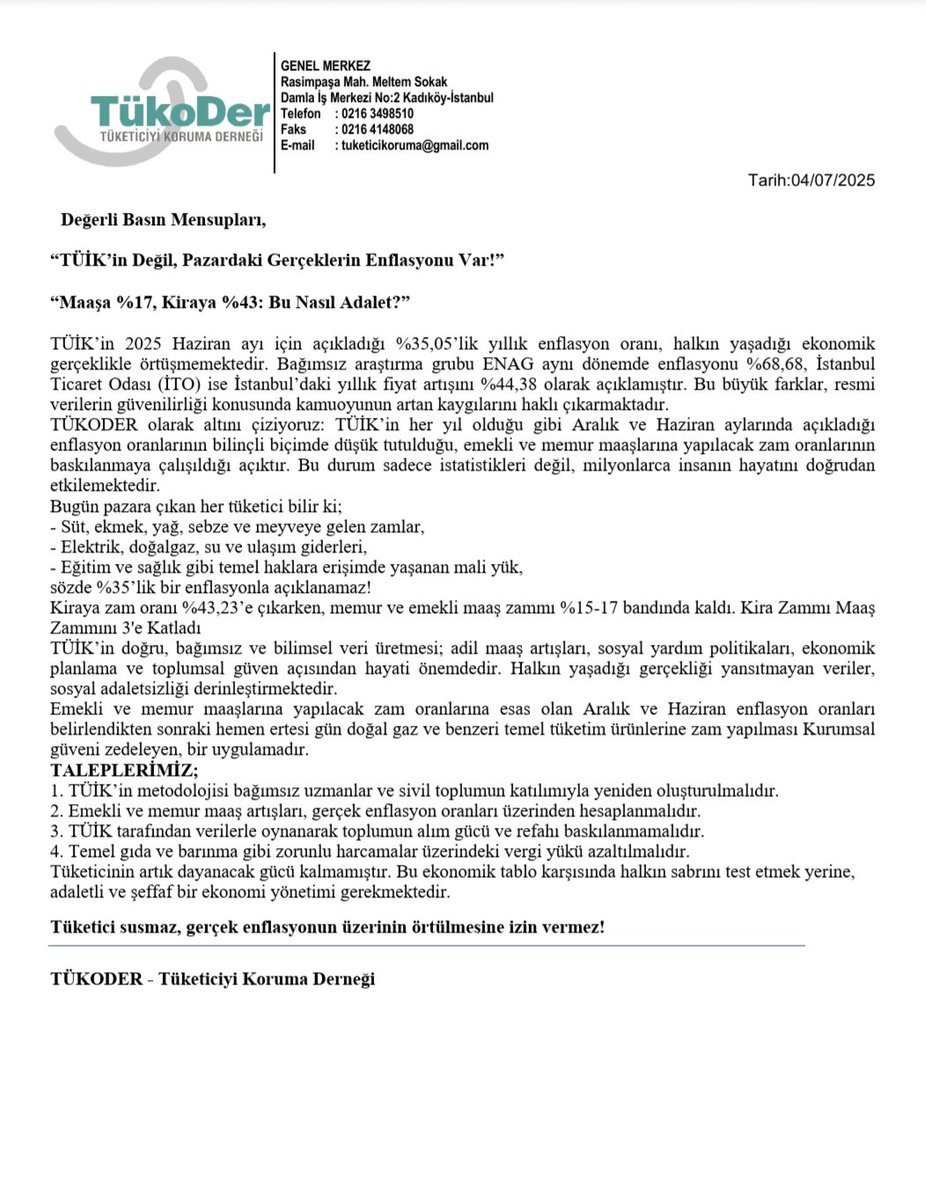 TÜİK'in Değil, Pazardaki Gerçeklerin Enflasyonu Var!
Maaşa %17, Kiraya %43: Bu Nasıl Adalet?

Tüketici susmaz, gerçek enflasyonun üzerinin örtülmesine izin vermez!
#tuik 
#enflasyon