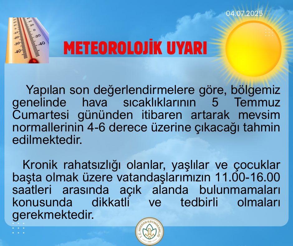 Yüksek sıcaklıklara dikkat❗️ 

<a href="/UrfaValiligi/">T.C. ŞANLIURFA VALİLİĞİ</a> <a href="/hasansildak/">Hasan ŞILDAK</a> <a href="/HarunResitHan/">Harun Reşit HAN</a>