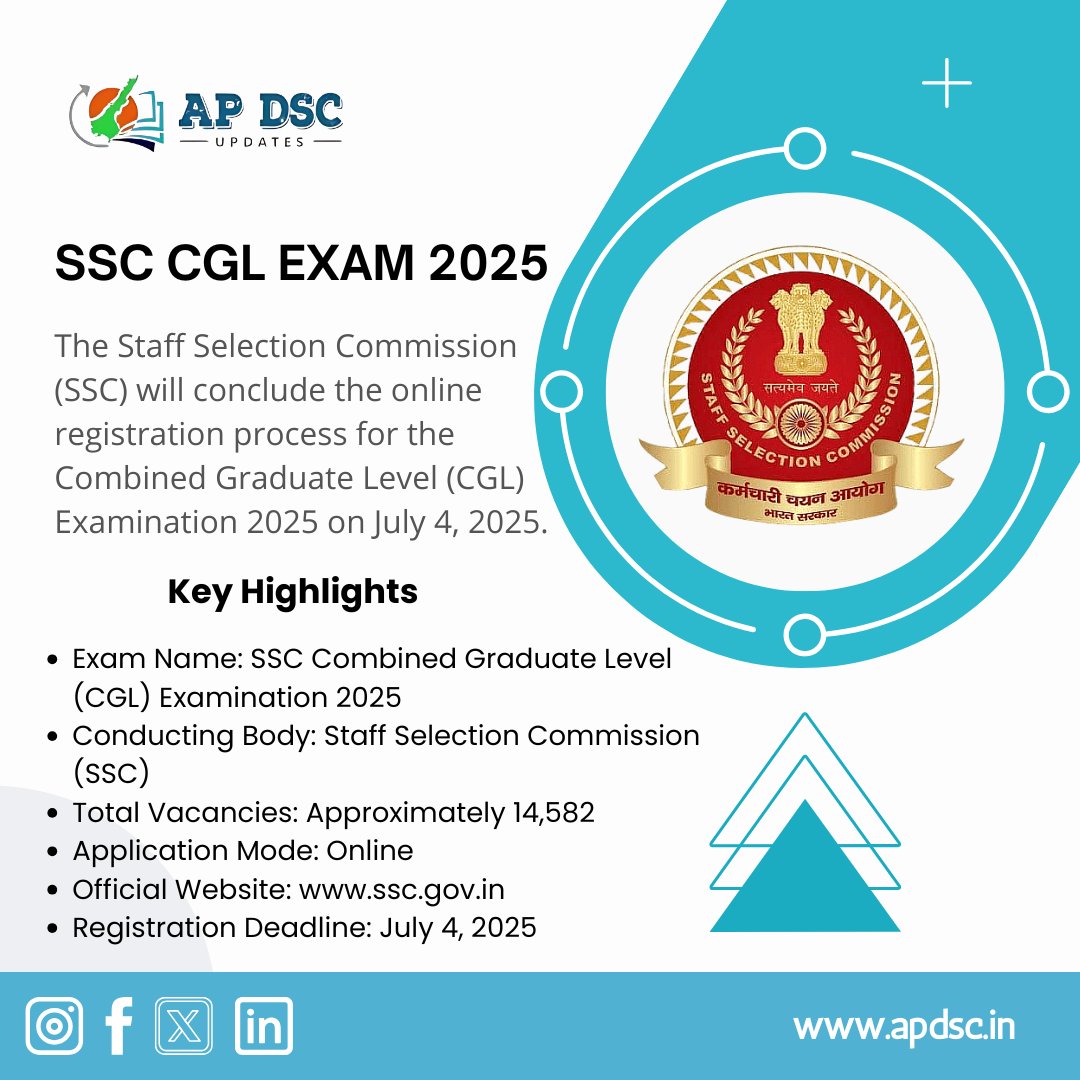 ApDsc's tweet photo. Last chance to apply for SSC CGL 2025. 14,582 govt vacancies open. Apply by July 4 at https://t.co/4hgR7TvRl4.

View Notification :https://t.co/nUGEHsRuOP
Visit the Official Website :https://t.co/5wiNOFGHMg

#SSCCGL2025 #GovernmentJobs #SSCRecruitment #ApplyOnline #JobAlert #SSC https://t.co/lxpSHfj5rl