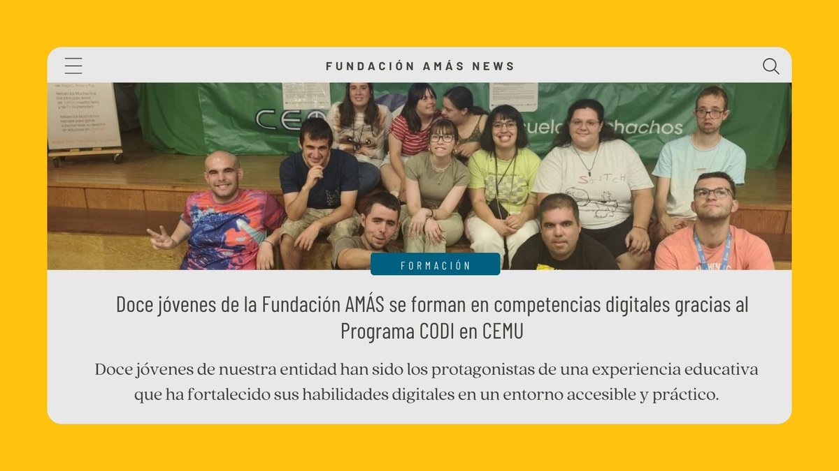 Fundación AMÁS (@grupoamas) on Twitter photo 🧑💻 Doce jóvenes de la Fundación AMÁS se han formado en competencias digitales con el Programa CODI en <a href="/cemu/">CEMU CiudadEscuela</a>.
Noticia completa 👉 fundacion-amas.org/actualidad/doc…
#FundacionAMÁS 🧑💻 Doce jóvenes de la Fundación AMÁS se han formado en competencias digitales con el Programa CODI en <a href="/cemu/">CEMU CiudadEscuela</a>.
Noticia completa 👉 fundacion-amas.org/actualidad/doc…
#FundacionAMÁS