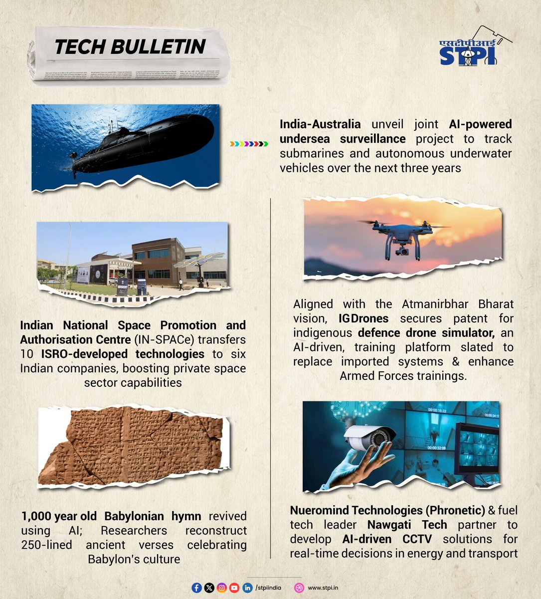 STPI (@stpiindia) on Twitter photo 📢📰 Tech Bulletin – Stay Ahead with the Latest Highlights!
🌊 India-Australia collaborate on AI-powered undersea surveillance project to monitor submarines and autonomous vehicles over the next 3 years.
🚀 IN-SPACe transfers 10 ISRO technologies to six Indian firms, 📢📰 Tech Bulletin – Stay Ahead with the Latest Highlights!
🌊 India-Australia collaborate on AI-powered undersea surveillance project to monitor submarines and autonomous vehicles over the next 3 years.
🚀 IN-SPACe transfers 10 ISRO technologies to six Indian firms,