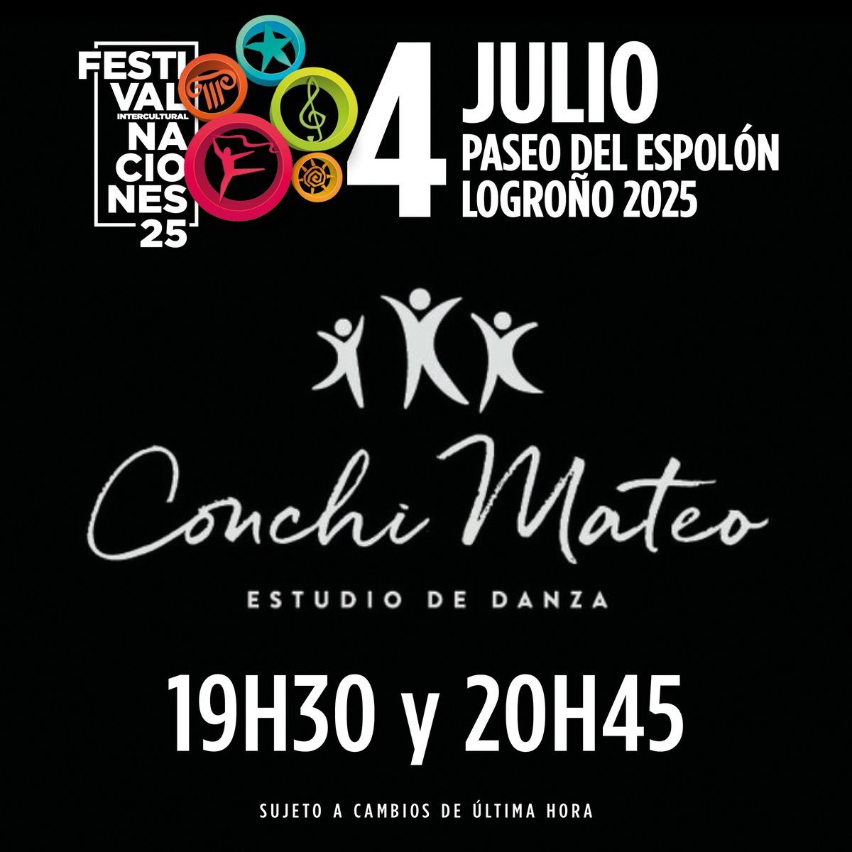 No dejes pasar la oportunidad de disfrutar del baile del Estudio de danza de Conchi Mateo. ¡Además tenemos doble sesión! ¿Cuál de las dos te viene mejor? ¡Anímate!

💃 Estudio de Danza: Conchi Mateo.
⏰ 19:30 y 20:45h.
🌍 Paseo del Espolón (Logroño).

👉 festivaldelasnaciones.es/programa-logro…