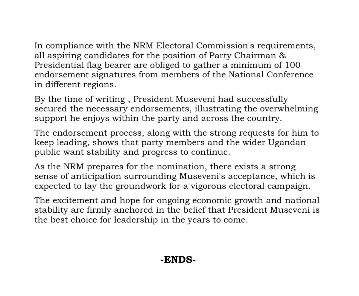 97.8 Kazo FM Omushomesa (@978kazofm) on Twitter photo UPDATE: President <a href="/KagutaMuseveni/">Yoweri K Museveni</a> will be nominated tomorrow as the NRM National Chairman and Party flagbearer.
#KazofmUpdates UPDATE: President <a href="/KagutaMuseveni/">Yoweri K Museveni</a> will be nominated tomorrow as the NRM National Chairman and Party flagbearer.
#KazofmUpdates