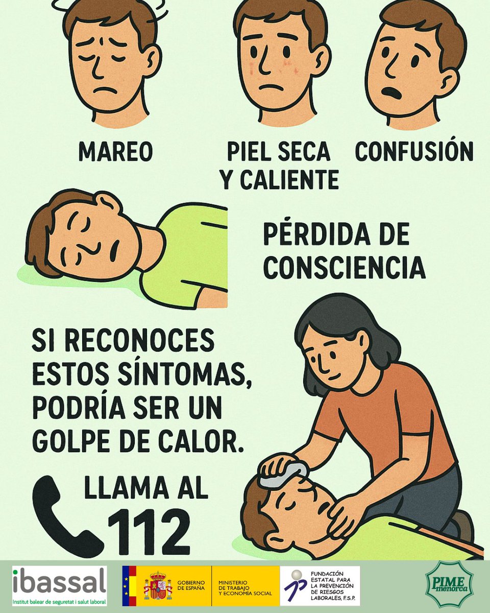 🧩 ¿Golpe de calor o cansancio? ☑ Dolor de cabeza
☑ Mareo☑ Piel seca y caliente☑ Confusión
☑ Pérdida de consciencia
➡️ Si reconoces estos síntomas, podría ser un golpe de calor. 📞 Llama al 112 y aplica🆘
#QueElSolNoTeGane #IBASSAL
📄 👇 pimemenorca.org/documento/1017…