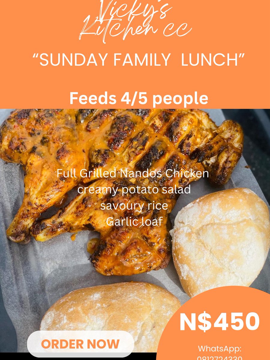 “Feast with the ones you love “

Sunday lunch available on order for only N$450
WhatsApp +264812724330
Call +264852724330

📍 khomasdal 28,else street