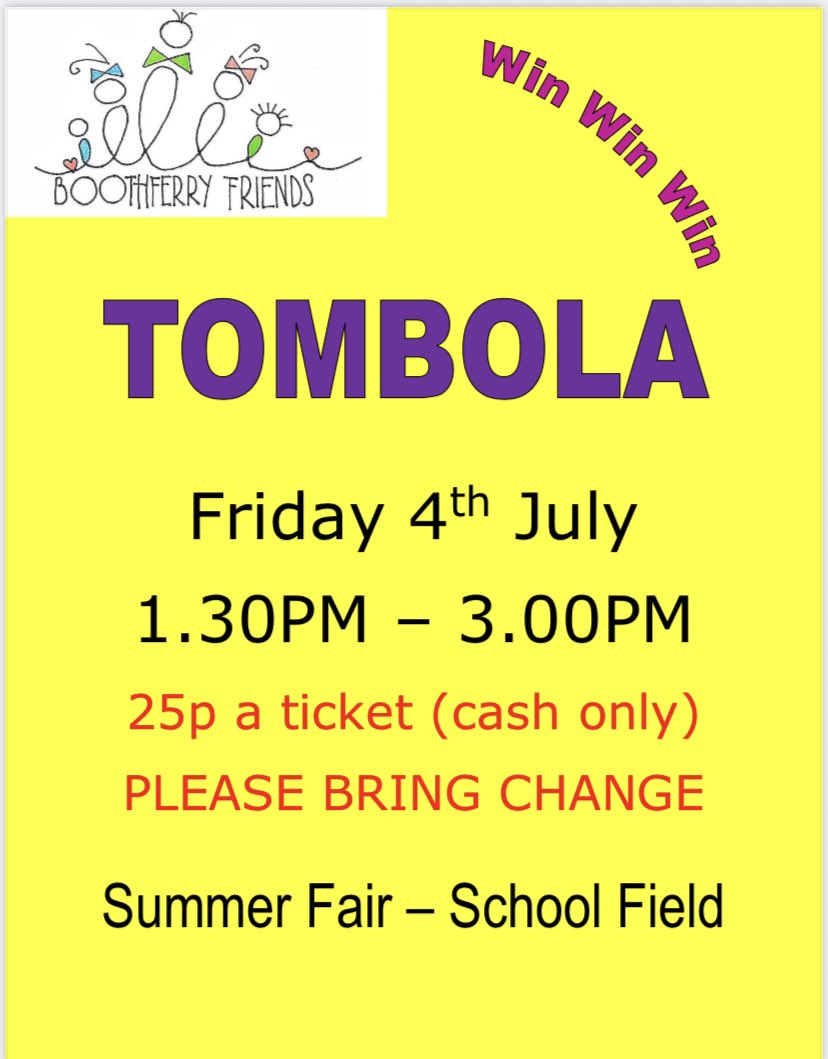 TOMBOLA TODAY 1.30pm at the Summer Fair - please bring change <a href="/BoothferryPS/">Boothferry Primary #weareBoothferry</a>