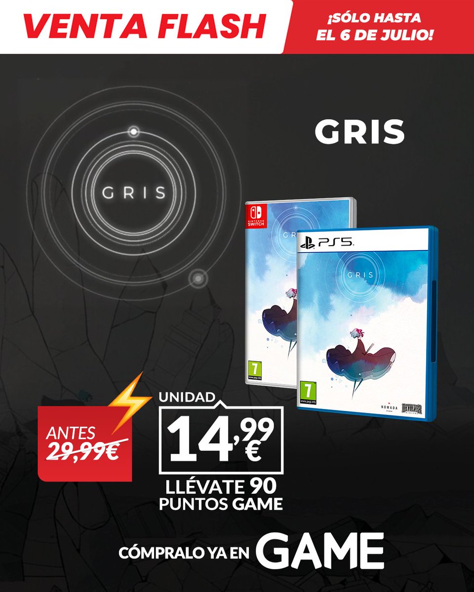 Con esta Venta Flash GAME tus días serán menos grises 😍

⚡Llévate la edición estandar de Gris por solo 14,99€, ¡o su Devolver Deluxe Edition exclusiva GAME por 24,99€!

⏱️ Solo hasta el 6 de julio o fin de existencias.

ow.ly/CSO350WkRqx