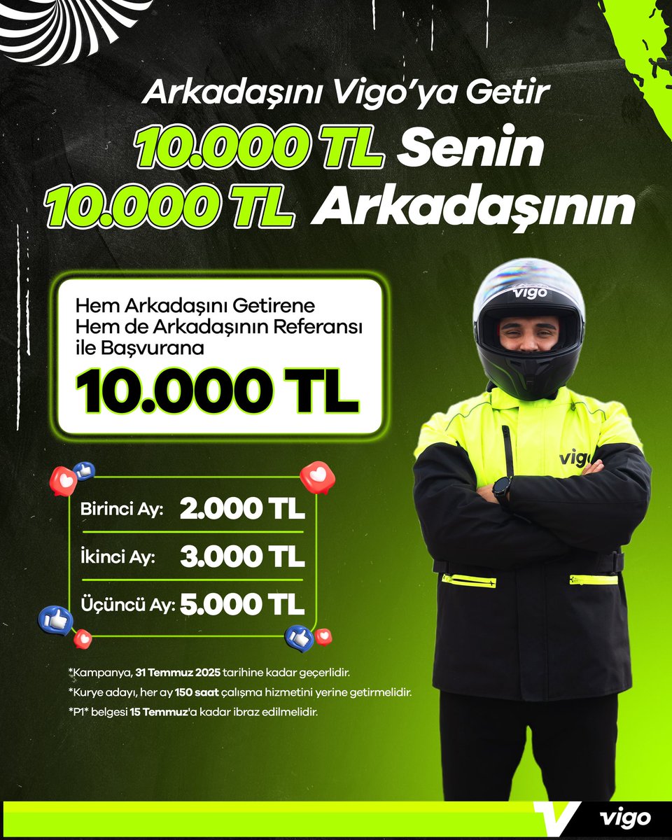 Vigo’dan hem sana hem de arkadaşına 10.000 TL!

Vigo referans sistemi ile, kurye olmak isteyen arkadaşını Vigo’ya yönlendir, hem sen hem de arkadaşın tam 10.000 TL ödül kazanın!