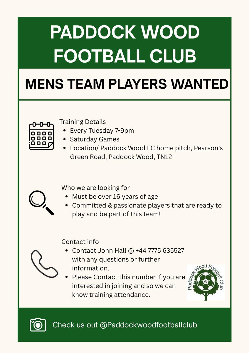 ⚽️OPEN TRAINING SESSION / TRIALS - TUESDAY 8TH JULY 2025⚽️

We're holding an open session for our Mens First Team on Tuesday 8th July.

Get in contact with John at 07775 635527 or at paddockwoodfc@googlemail.com for more details!

🟢⚪️