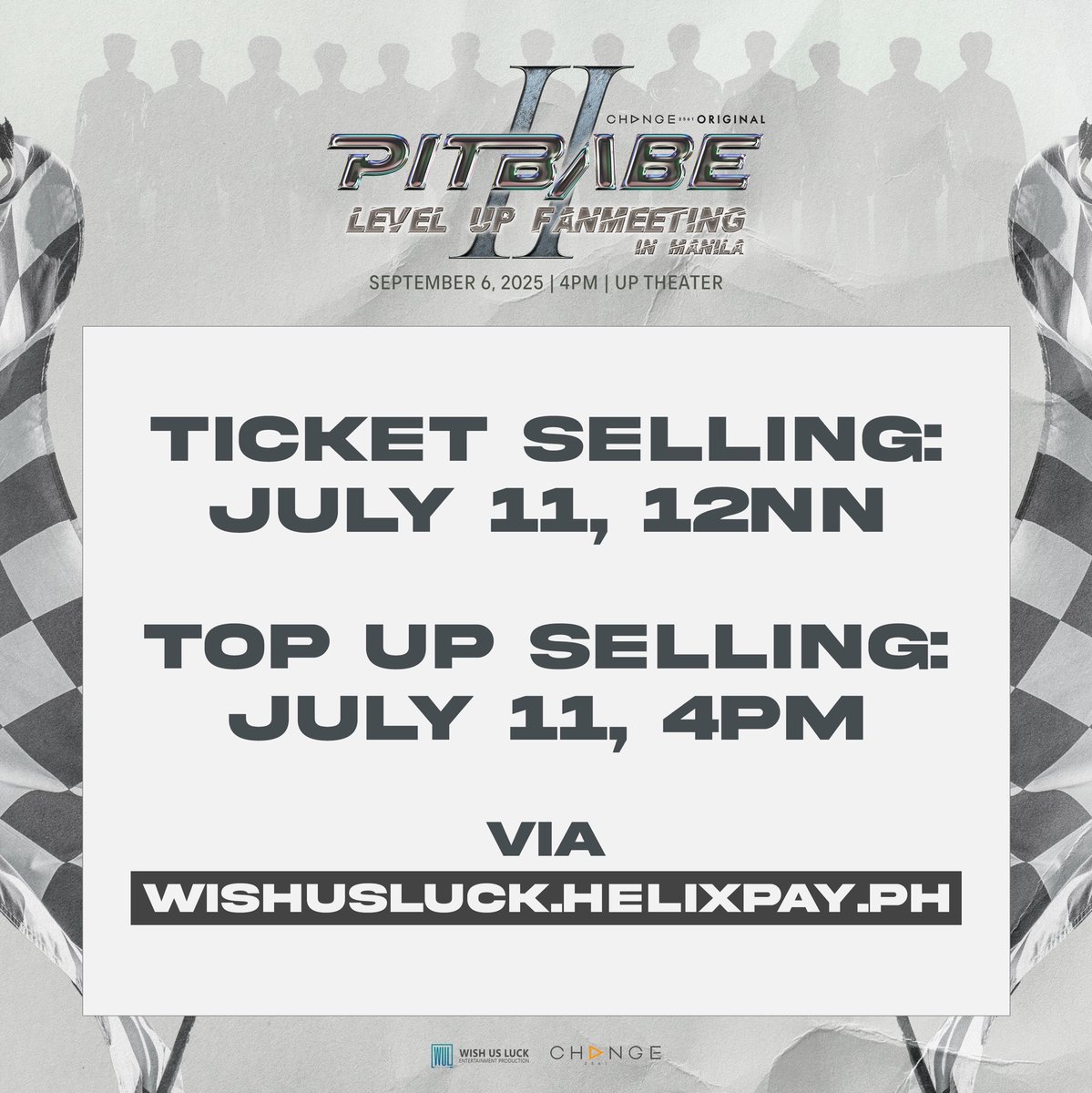 PitBabeSeries's tweet photo. Manila, buckle up! 

The Pit Babe crew is back and ready to LEVEL UP!

PIT BABE LEVEL UP FAN MEETING IN MANILA
🗓️ : September 6, 2025
🕰️ : 4PM
📍: UP Theater

🎟️ GENSALE: July 11, 2025 12NN (PHT) 
🔝🆙 TOP UP SELLING: July 11, 2025 4PM (PHT)
🔗 : https://t.co/mjz9sSeZ1G

We’re bringing next-level speed, style, and fierce energy. This is the comeback you’ve been waiting for, kaya tara, sakay na kayo!🏎️💨

For more details, visit @wishusluckent.

#PitBabeLevelUpFMinManila
#PitbabeTheSeries2
#PitBabeLevelUpFanMeetingTour
#CHANGE2561 #WishUsLuckPH