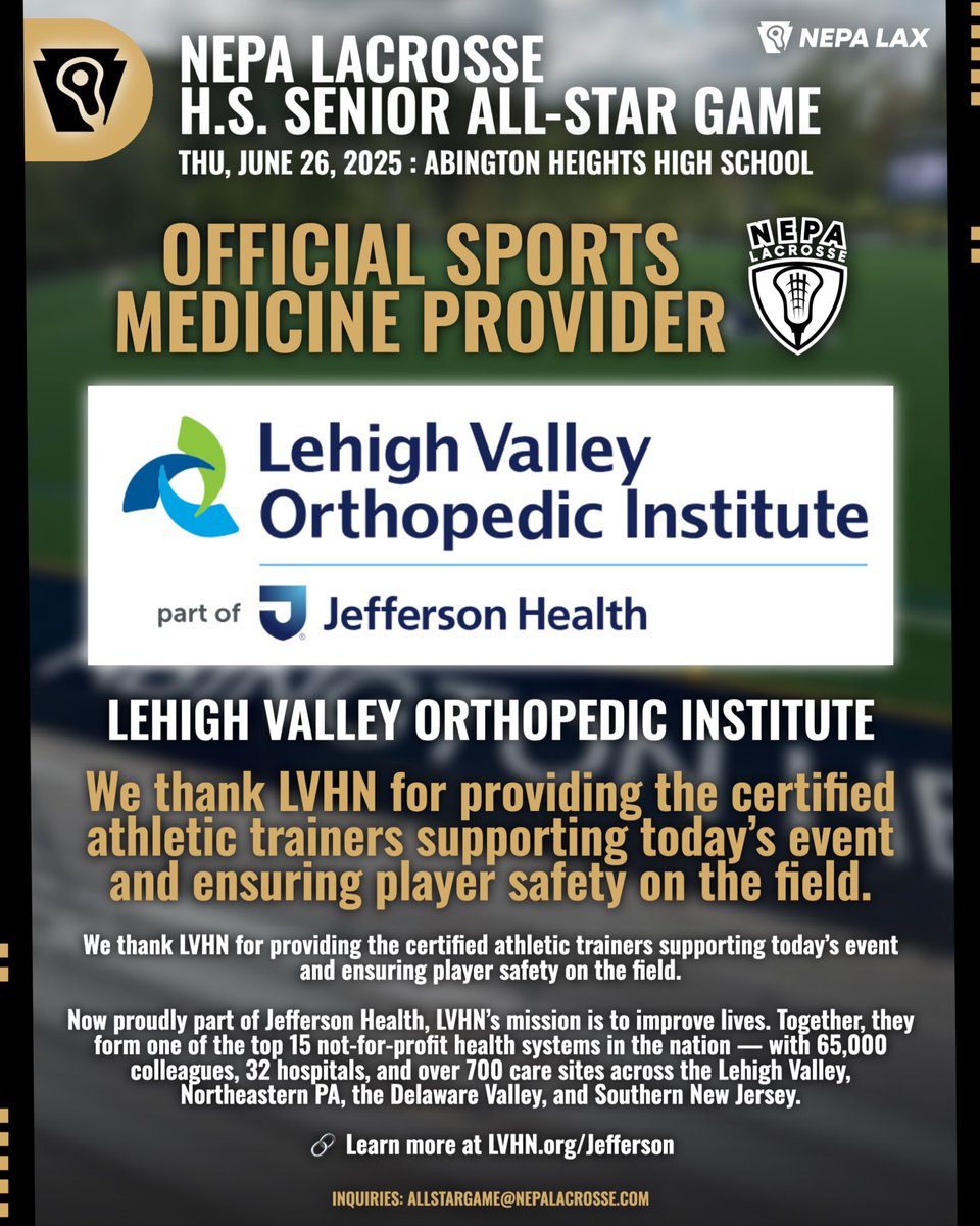 NEPA Lacrosse (@nepalacrosse) on Twitter photo Thank you for your sponsorship!
<a href="/LVHN/">Lehigh Valley Health Network</a> — official sports medicine provider of the 2025 NEPA Lacrosse Boys/Girls Senior All-Star Games. Thank you for your sponsorship!
<a href="/LVHN/">Lehigh Valley Health Network</a> — official sports medicine provider of the 2025 NEPA Lacrosse Boys/Girls Senior All-Star Games.