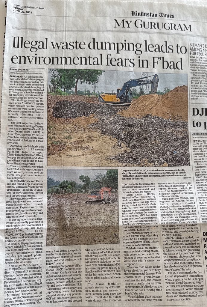 HT IMPACT 
Environmental Crisis in #Faridabad  
Illegal earth excavation &amp; solid waste dumping exposed in Faridabad’s Dhouj area! Joint inspection by Mines &amp; Geology Dept &amp; HSPCB reveals shocking violations. Toxic untreated #waste, allegedly linked to Gurugram’s #Bandhwari