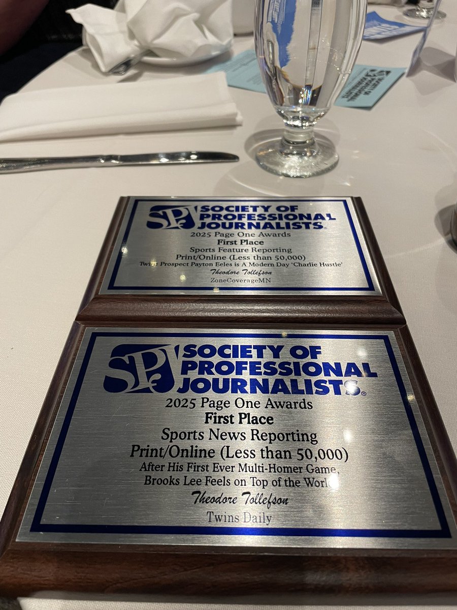 TheodoreTollef1's tweet image. Hey, look at that. @twinsdaily and @ZoneCoverageMN are now award winning publications, thanks to MN SPJ recognizing my work covering the St. Paul Saints last season.
You can read the award winning stories here.
twinsdaily.com/news-rumors/tw…
zonecoverage.com/2024/mn-twins-…