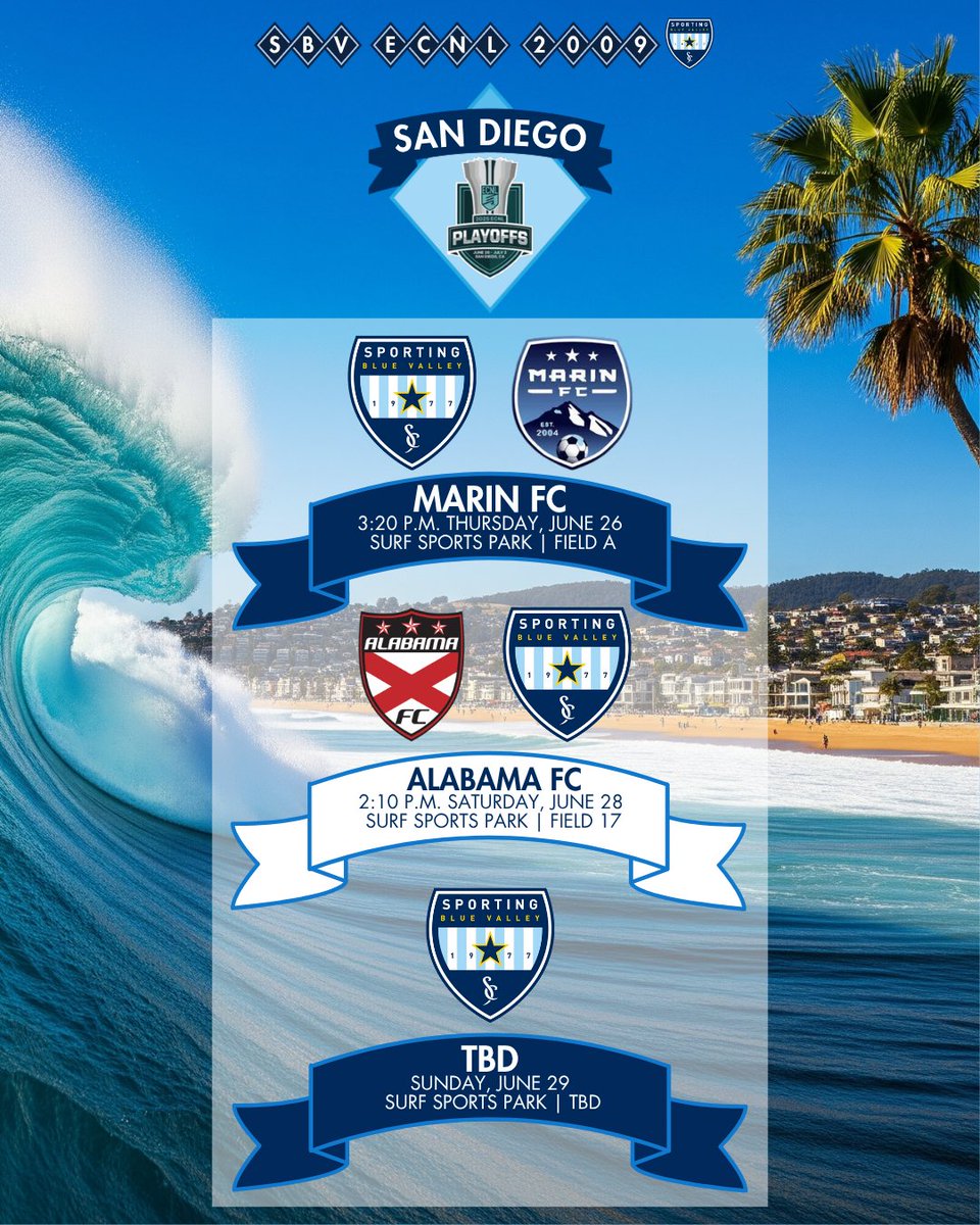 Sporting BV 09 ECNL (@sbv09_ecnl) on Twitter photo With today's result, our second #ECNLPlayoffs matchup is set. After an off day on Friday, we're back in action Saturday against Alabama FC.
🆚Alabama FC
⏰2:10 p.m. Saturday
🏟️Surf Sports Park - Field 17
👕All White 🧊
<a href="/SPORTINGBV/">SPORTING Blue Valley</a> <a href="/ECNLgirls/">ECNL Girls</a> <a href="/ImYouthSoccer/">ECNL/GA/Recruiting/College Soccer</a> <a href="/ImCollegeSoccer/">College Soccer Truth ™</a> With today's result, our second #ECNLPlayoffs matchup is set. After an off day on Friday, we're back in action Saturday against Alabama FC.
🆚Alabama FC
⏰2:10 p.m. Saturday
🏟️Surf Sports Park - Field 17
👕All White 🧊
<a href="/SPORTINGBV/">SPORTING Blue Valley</a> <a href="/ECNLgirls/">ECNL Girls</a> <a href="/ImYouthSoccer/">ECNL/GA/Recruiting/College Soccer</a> <a href="/ImCollegeSoccer/">College Soccer Truth ™</a>