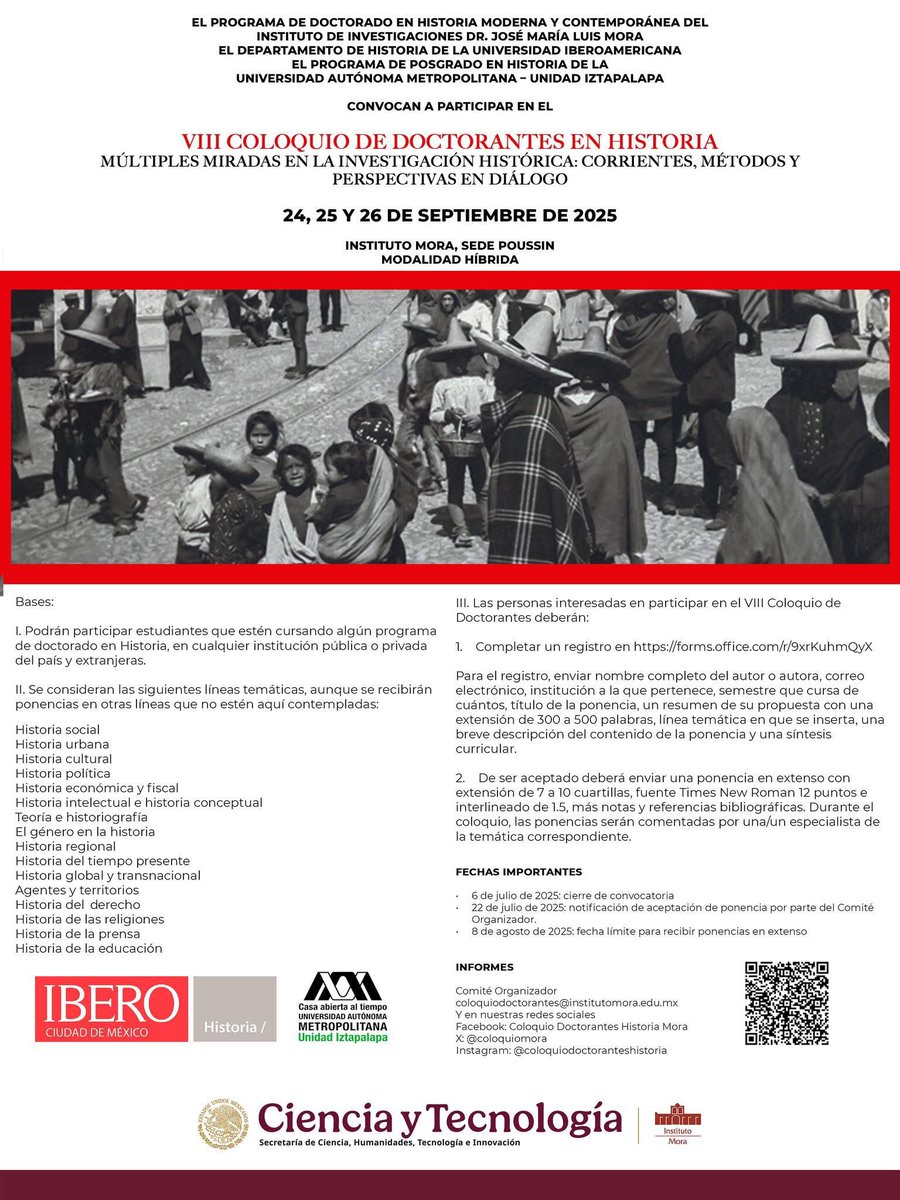 Col_Doc_Hist's tweet image. Te invitamos a participar en el VIII coloquio de doctorantes en historia "Múltiples miradas en la investigación histórica: corrientes, métodos y perspectivas en diálogo", el cual se llevará a cabo los próximos 24, 25 y 26 de septiembre en el Instituto Mora