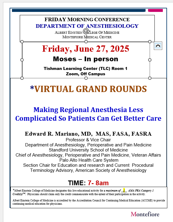 Ed Mariano, MD, MAS, FASA, FASRA 🇺🇸🇵🇭 (@emarianomd) on Twitter photo I'm looking forward to visiting <a href="/MonteEinstAnest/">Montefiore Einstein Anesthesiology</a> tomorrow and meeting faculty, trainees and staff members!
My Grand Rounds lecture will be: "Making regional anesthesia less complicated so patients can get better care" 😁
Thank you <a href="/ladyteemd/">tracey straker</a> for the invitation! I'm looking forward to visiting <a href="/MonteEinstAnest/">Montefiore Einstein Anesthesiology</a> tomorrow and meeting faculty, trainees and staff members!
My Grand Rounds lecture will be: "Making regional anesthesia less complicated so patients can get better care" 😁
Thank you <a href="/ladyteemd/">tracey straker</a> for the invitation!