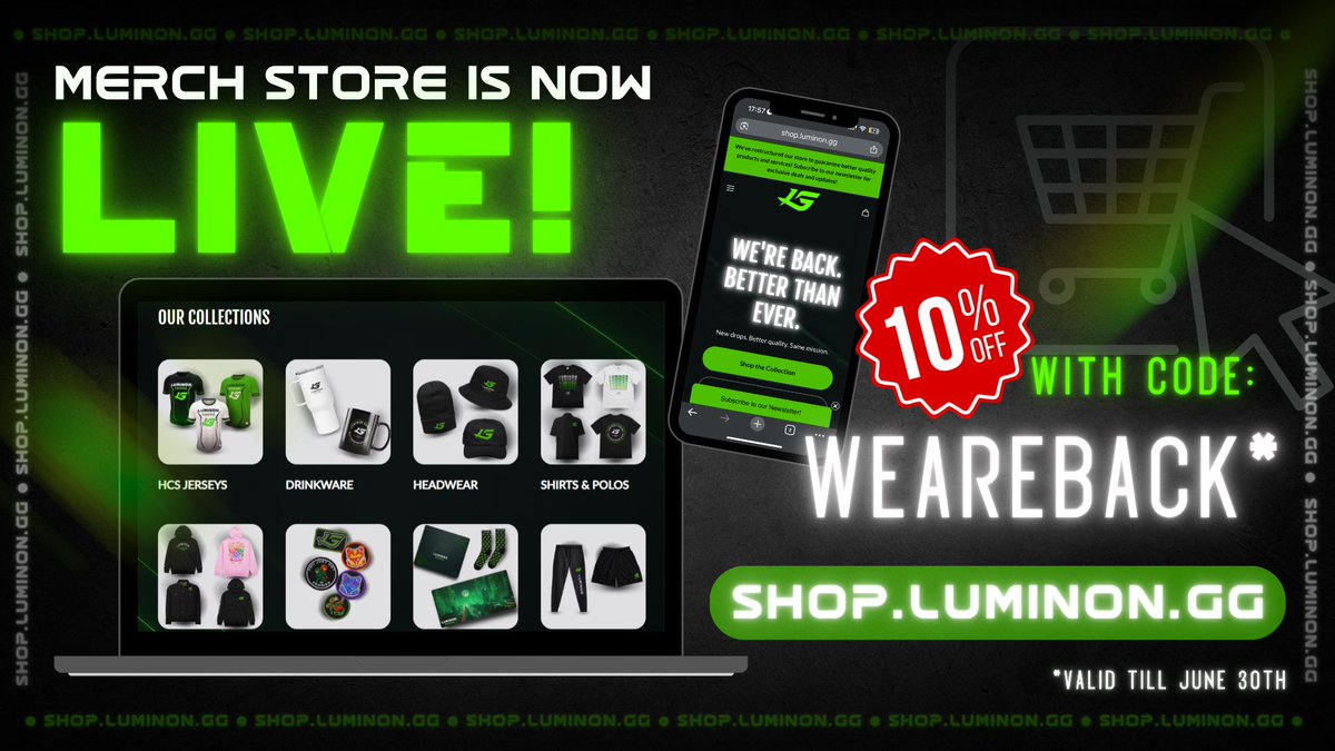 🚨 OUR MERCH STORE IS NOW LIVE! 🚨

Visit🛒 shop.luminon.gg

💚 Use code WEAREBACK for 10% OFF (valid till June 30th)

Every purchase helps fund  <a href="/HCS/">Halo Esports</a> rosters and our prize pool events. Check out the new drops, rep the brand, and support the grind.
