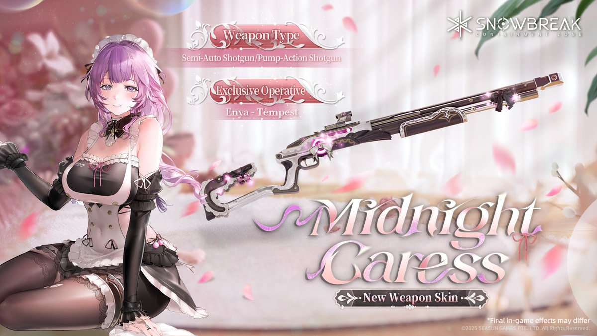 SnowbreakEN's tweet photo. Enya - Tempest Limited-Time Weapon Skin "Midnight Caress" Available Soon!

Marketed for its exceptionally soft stock, it is said to double as a throw pillow under safe conditions.

Exclusive Operative: Enya - Tempest
Weapon Type: Semi-Auto Shotgun/Pump-Action Shotgun
How to Obtain: Shop (Limited-Time)
※ Final in-game effects may differ.

🎁 Follow our official account and share this post along with your UID and server. After the event ends on 2025/7/13 23:59 (UTC+8), one Adjutant will be randomly selected to receive Enya - Tempest Limited-Time Weapon Skin [Midnight Caress]!

📢Official Discord: https://t.co/vWQS8Wg066

#Snowbreak